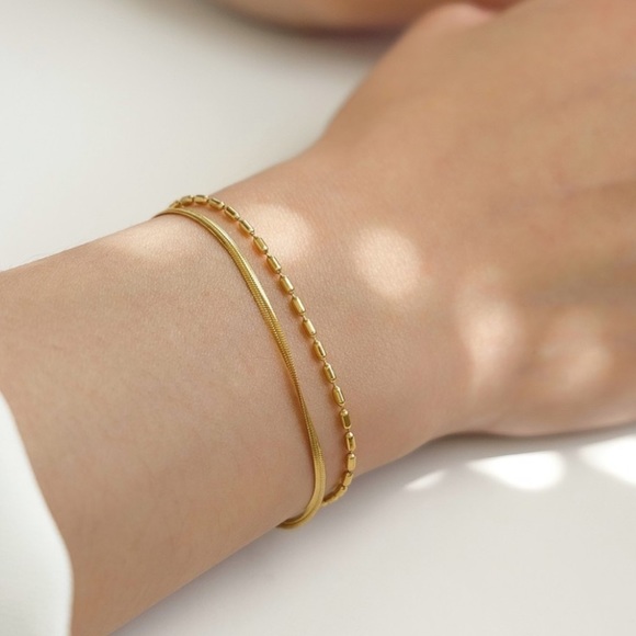 Herringbone Beaded Link Chain Bracelet Set | 18K Gold Plated Stainless Steel - Picture 3 of 3